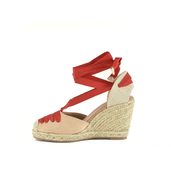 Cuña de yute taupe y rojo