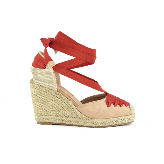 Cuña de yute taupe y rojo
