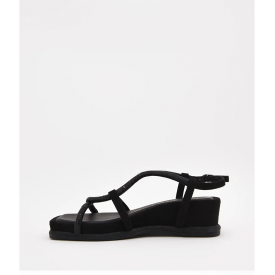 Sandalias planas negras con tiras cruzadas con strass