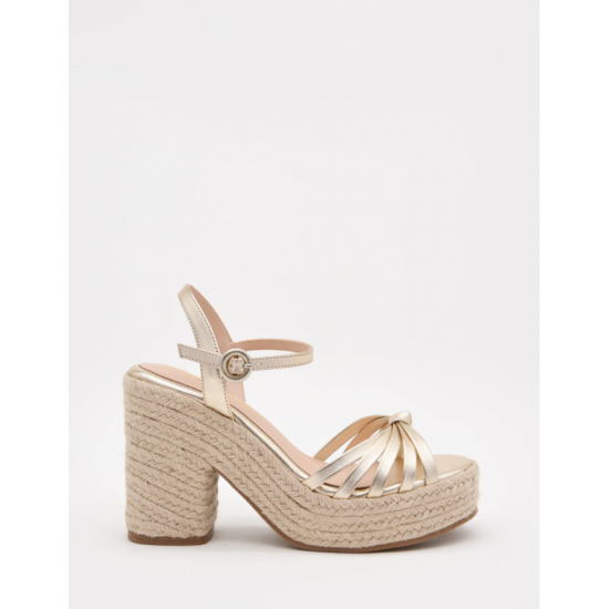 Sandalias de tacón con plataforma de yute y detalles dorados
