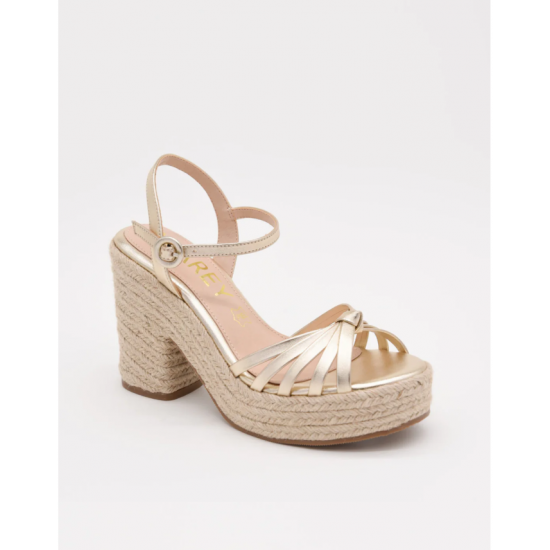 Sandalias de tacón con plataforma de yute y detalles dorados