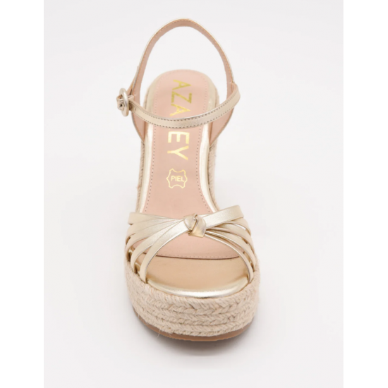 Sandalias de tacón con plataforma de yute y detalles dorados