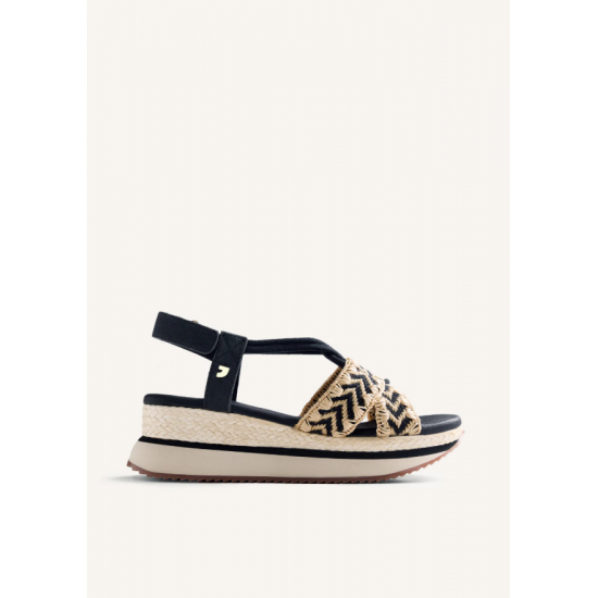 Sandalias con bordado bicolor y cuña forrada estilo rafia